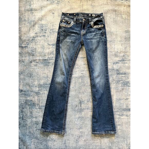 Miss Me Beaded Embroidered Rhinestone Mid Rise Boot Cut Jeans 30" - Picture 1 of 6